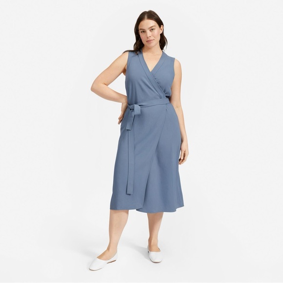 Everlane Japanese GoWeave Sleeveless Wrap Midi Deess Size 2 Dusty Blue EUC - Picture 2 of 11